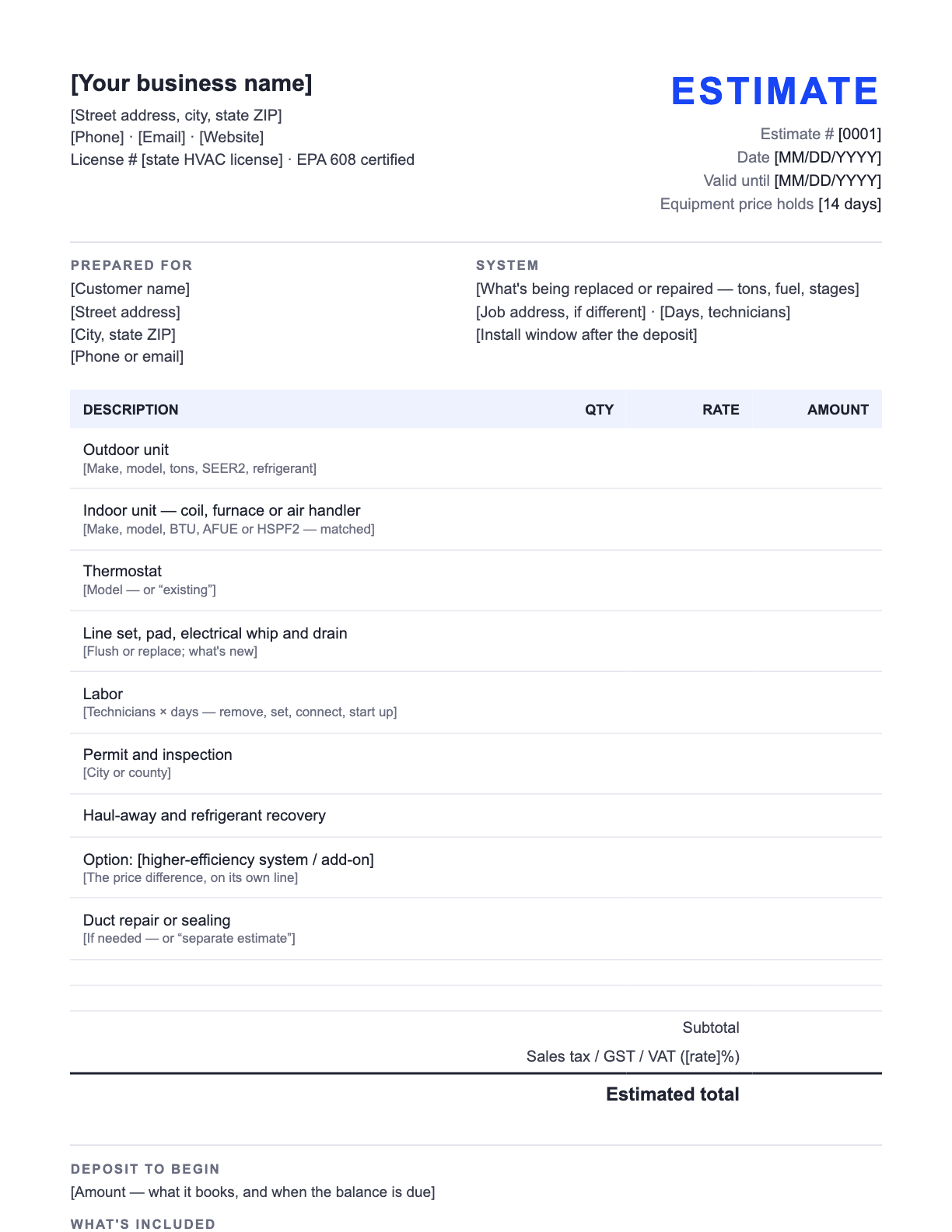 Free HVAC Estimate Template — the blank fill-in estimate as it downloads, with [bracketed] lines to replace