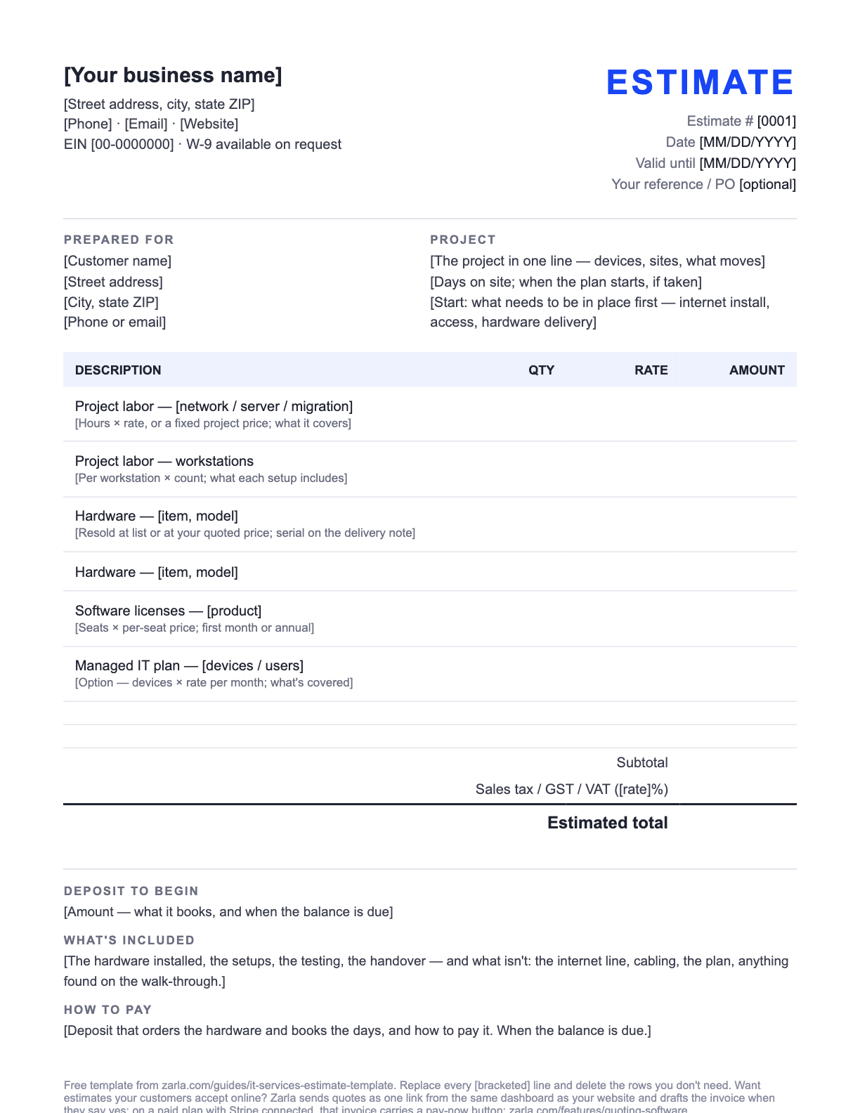 Free IT Services Estimate Template — the blank fill-in estimate as it downloads, with [bracketed] lines to replace