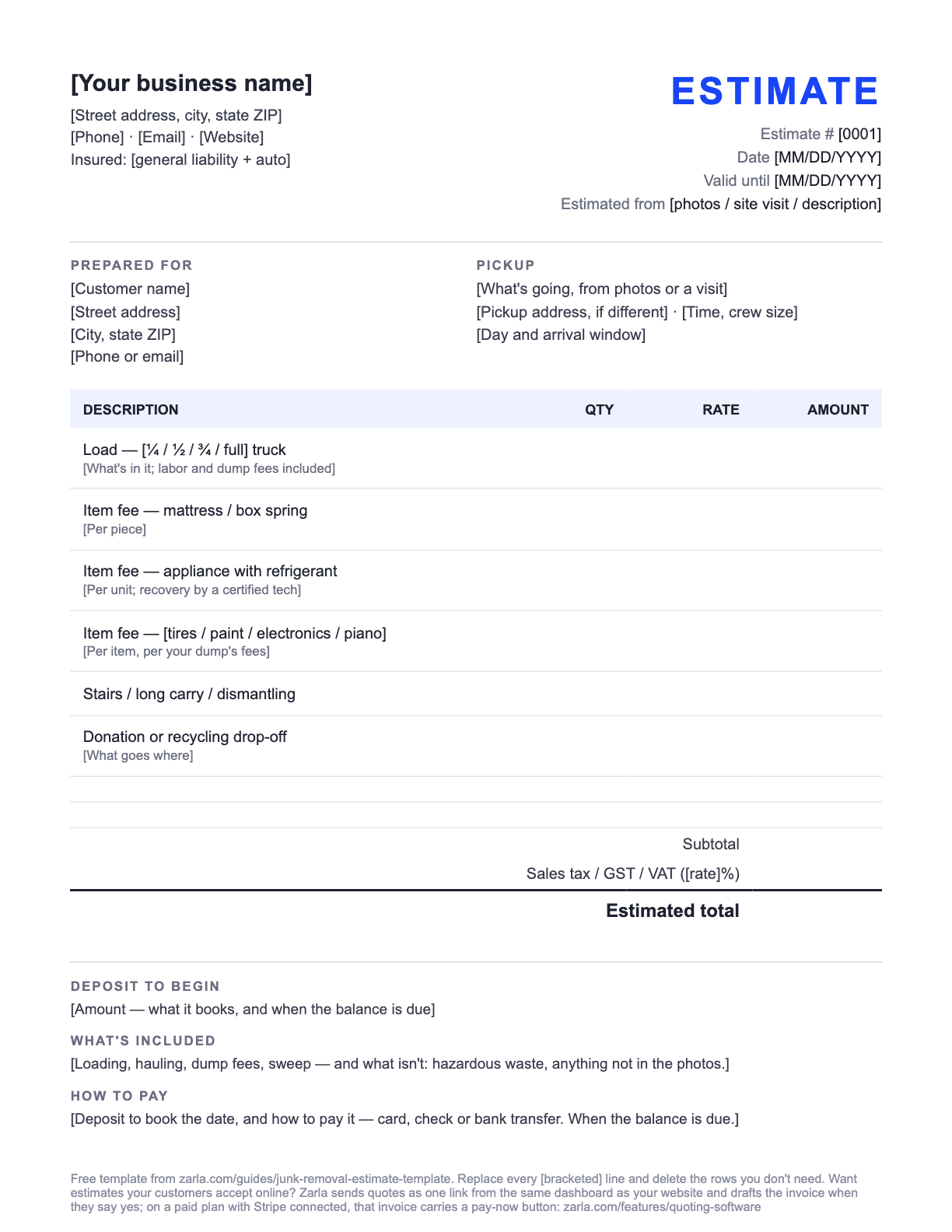 Free Junk Removal Estimate Template — the blank fill-in estimate as it downloads, with [bracketed] lines to replace