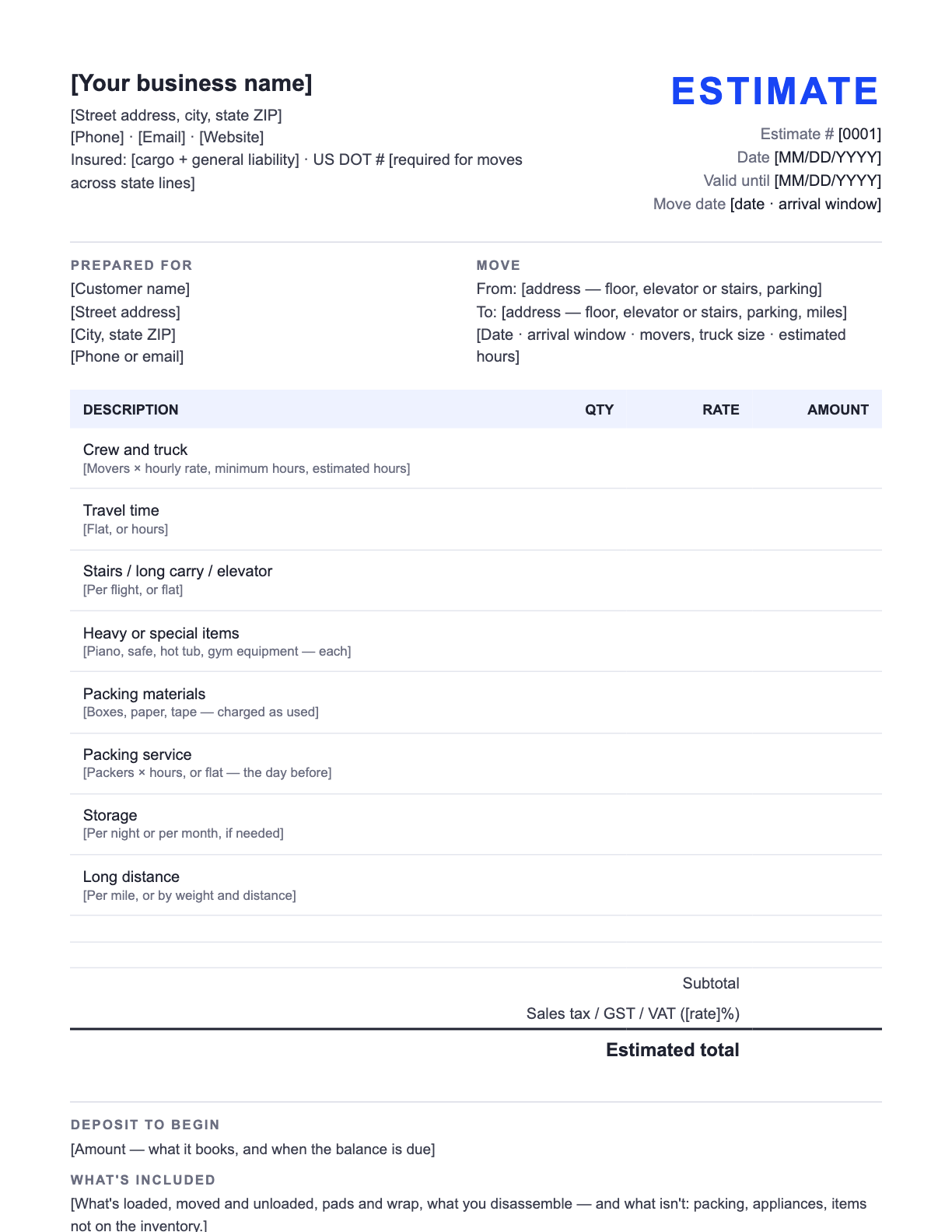 Free Moving Estimate Template — the blank fill-in estimate as it downloads, with [bracketed] lines to replace
