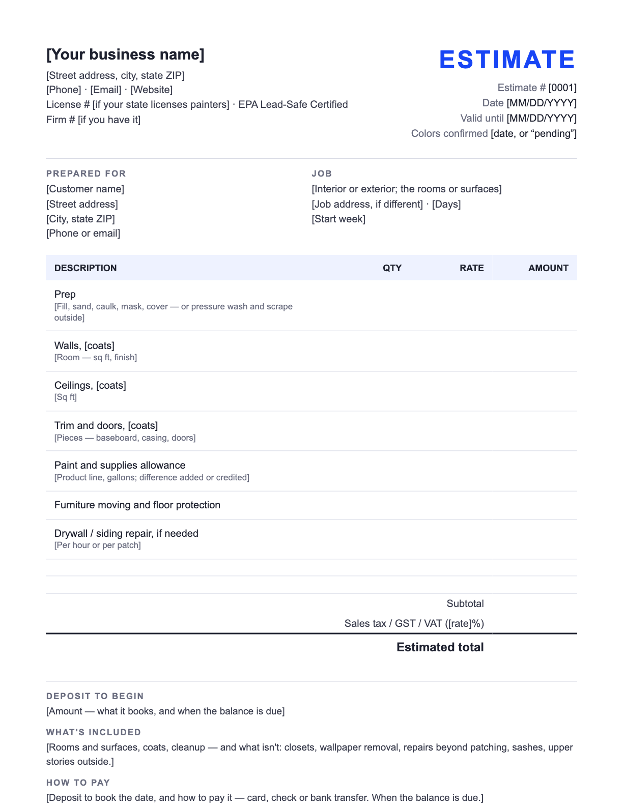 Free Painting Estimate Template — the blank fill-in estimate as it downloads, with [bracketed] lines to replace