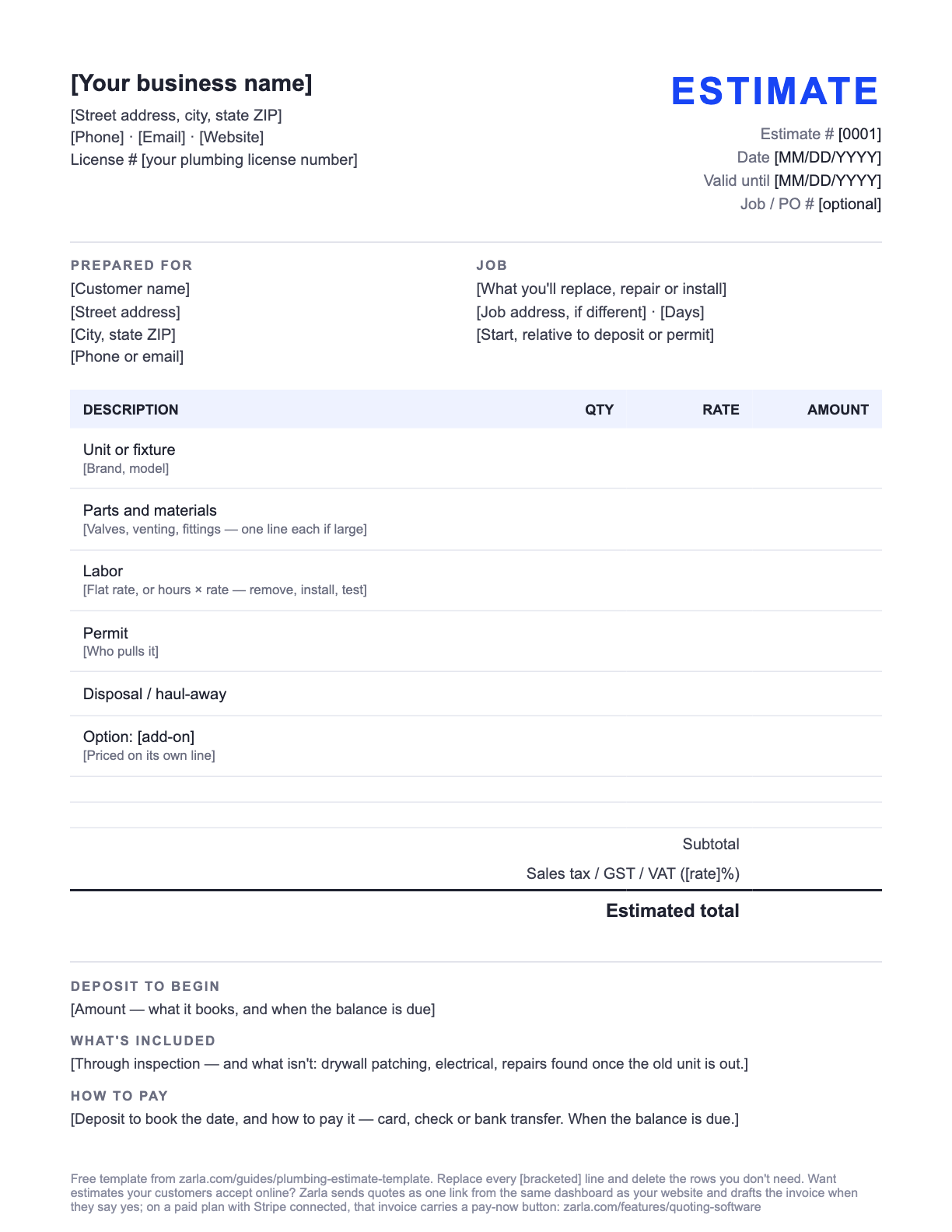 Free Plumbing Estimate Template — the blank fill-in estimate as it downloads, with [bracketed] lines to replace