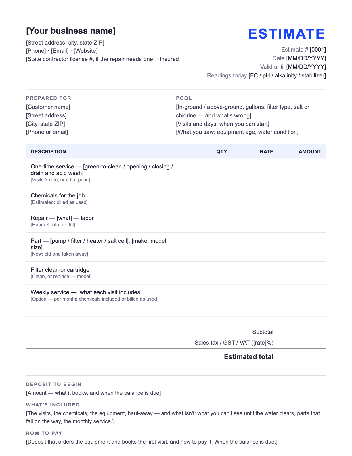 Free Pool Estimate Template — the blank fill-in estimate as it downloads, with [bracketed] lines to replace