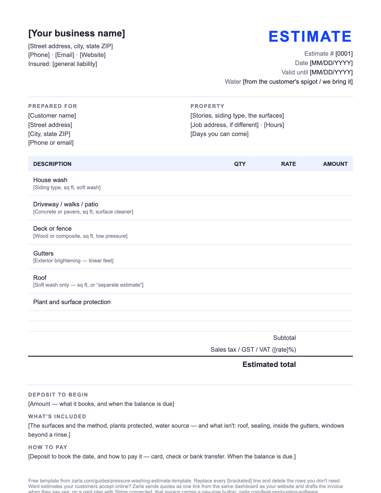 Free Pressure Washing Estimate Template — the blank fill-in estimate as it downloads, with [bracketed] lines to replace