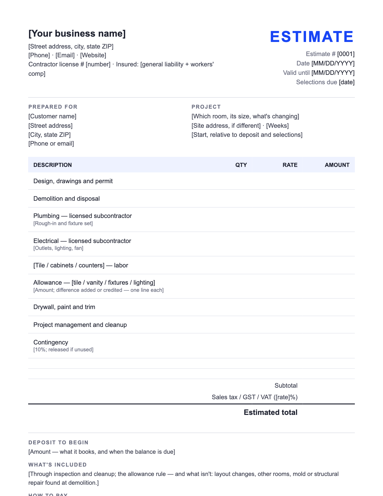Free Remodeling Estimate Template — the blank fill-in estimate as it downloads, with [bracketed] lines to replace