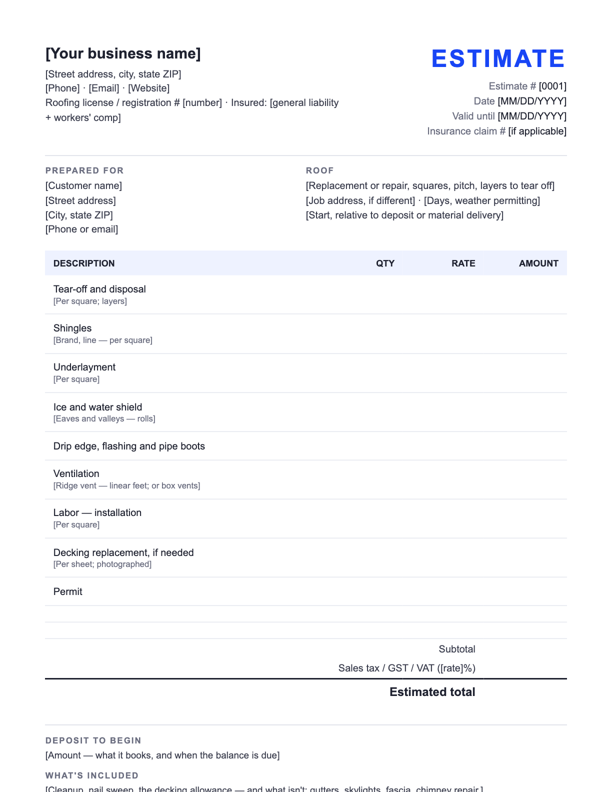 Free Roofing Estimate Template — the blank fill-in estimate as it downloads, with [bracketed] lines to replace