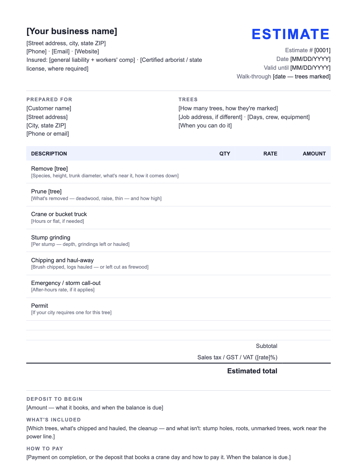 Free Tree Service Estimate Template — the blank fill-in estimate as it downloads, with [bracketed] lines to replace