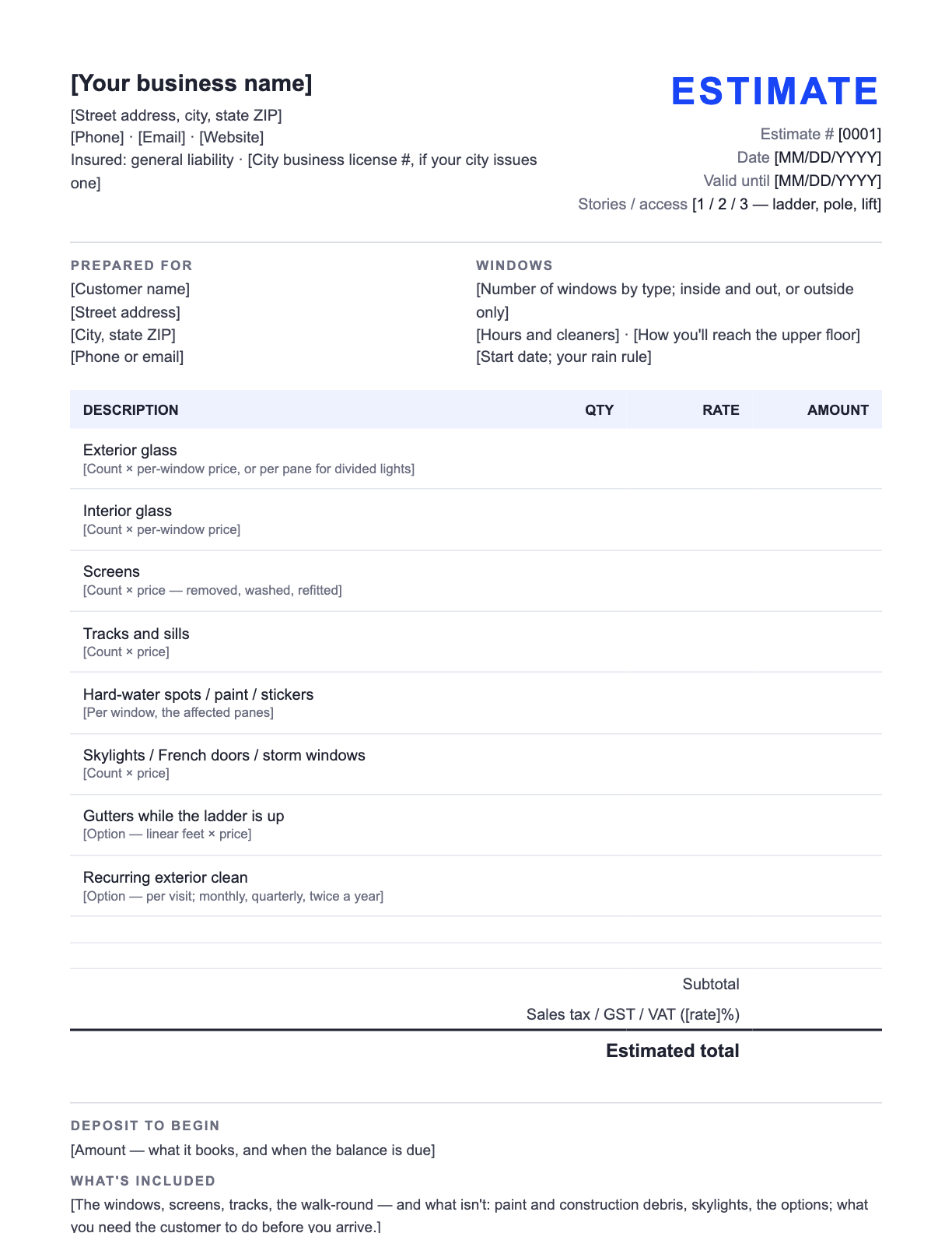 Free Window Cleaning Estimate Template — the blank fill-in estimate as it downloads, with [bracketed] lines to replace
