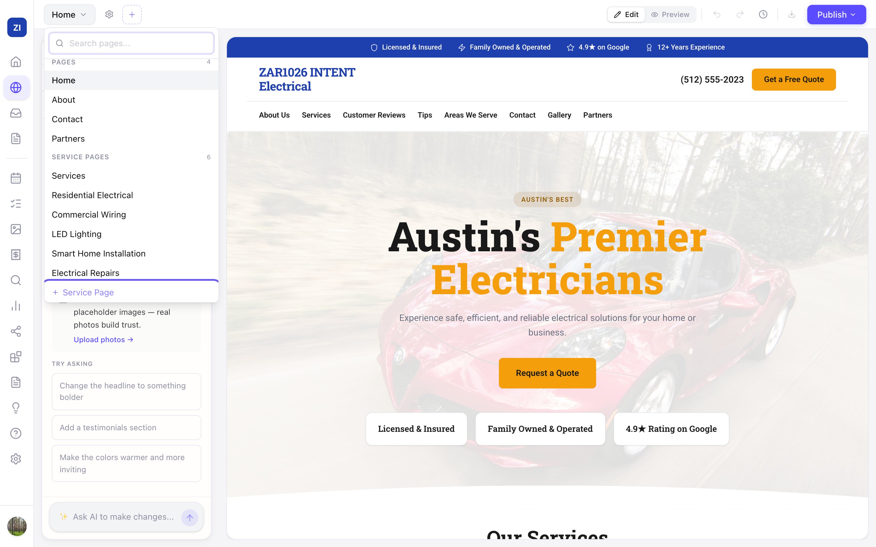 The page list in the editor — the + Service Page button adds a new page