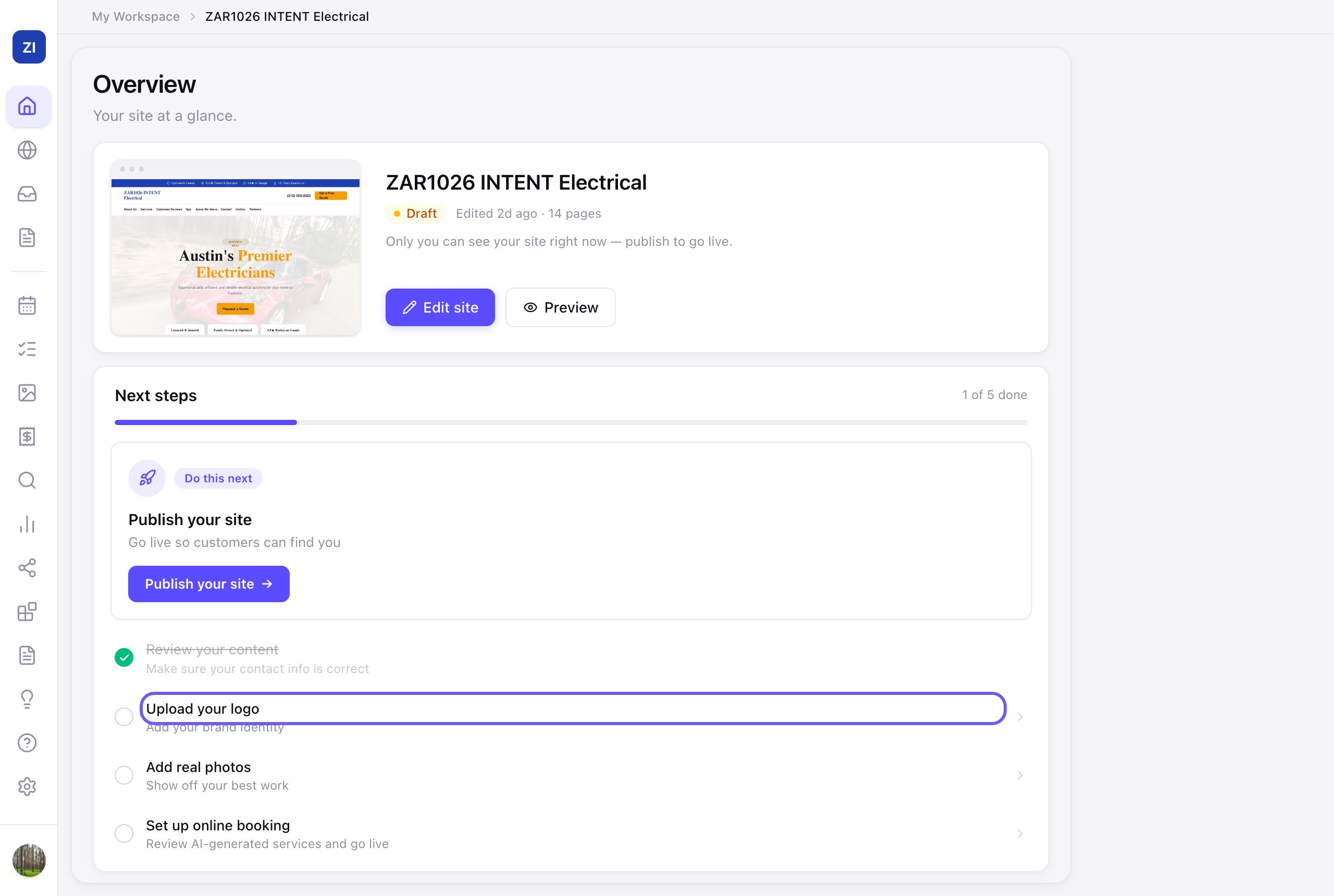 The Upload your logo step on the site Overview page
