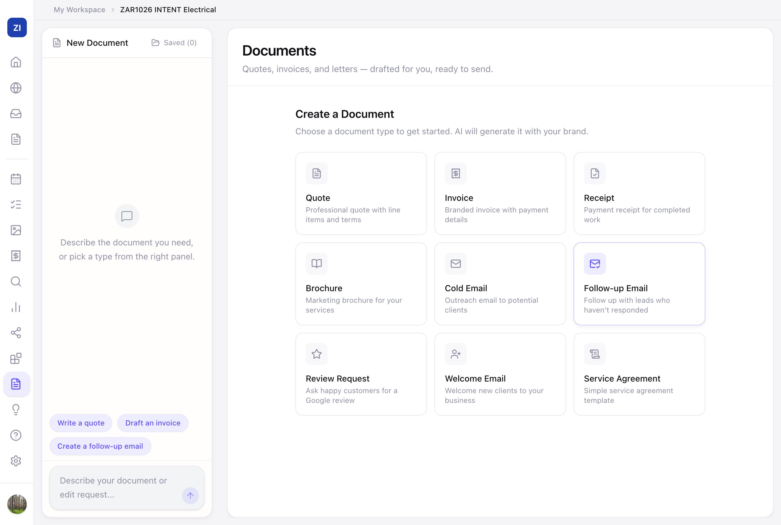 The Documents tool's template picker