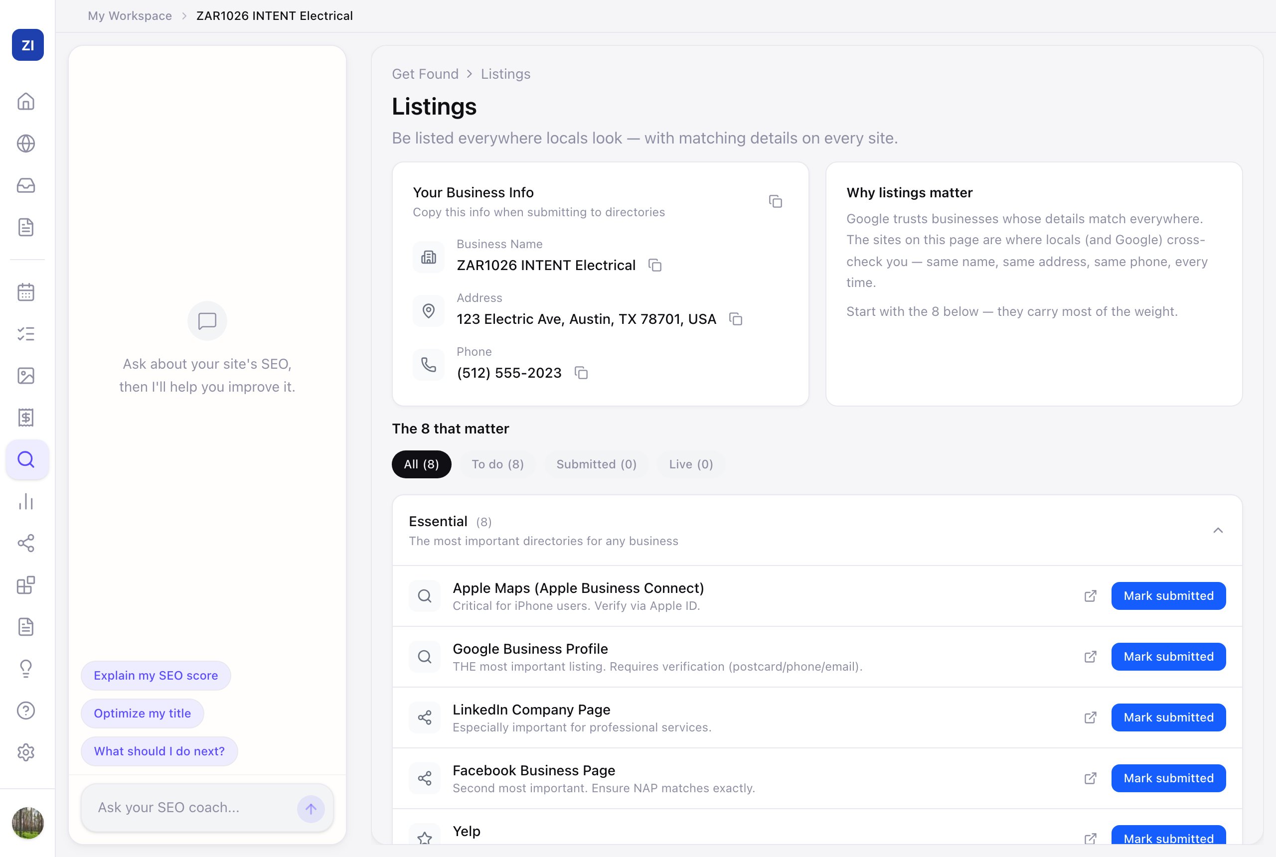 The Listings tab — the 8 essential directories
