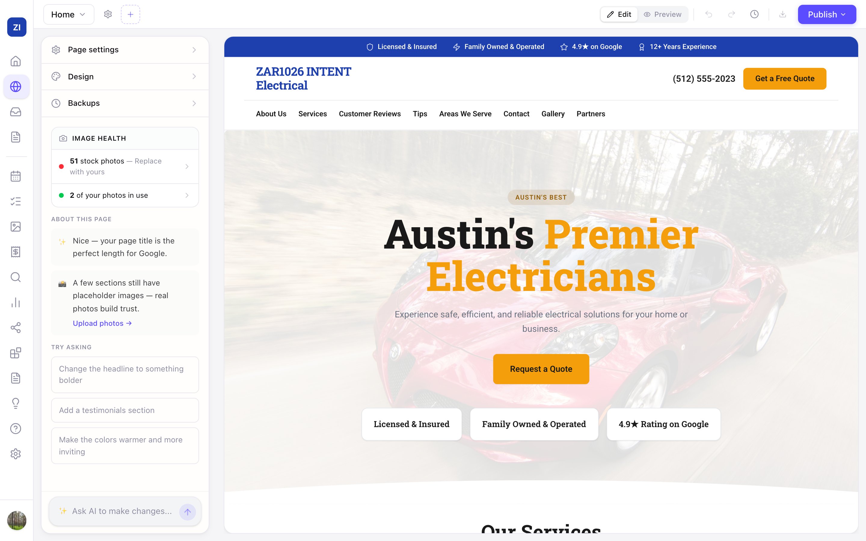 The Zarla editor: your site on the right, the AI panel on the left
