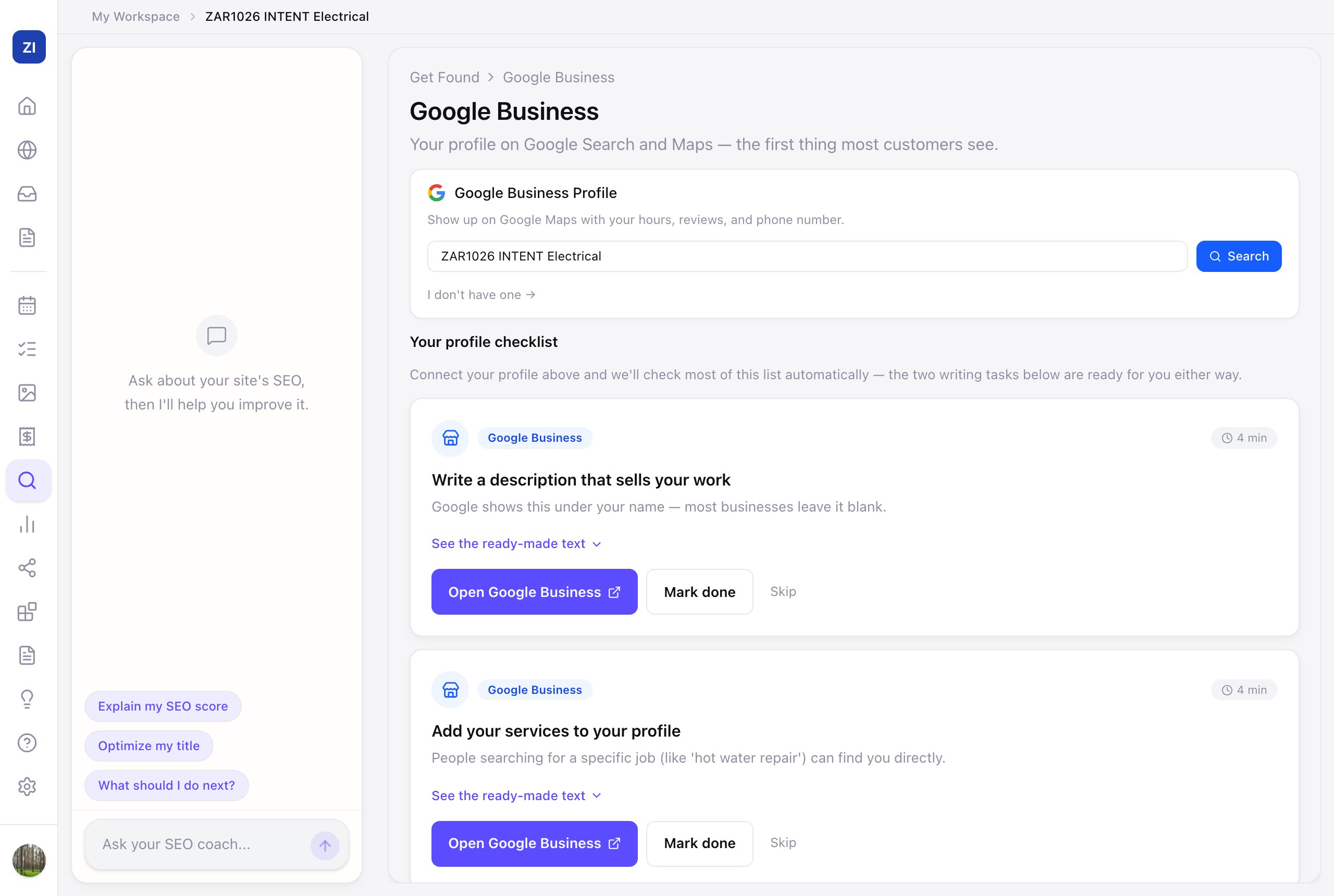 The Google Business tab with your profile checklist