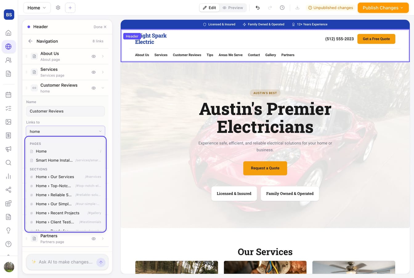 The Links to list in the editor's Navigation panel, narrowed by typing "home": matching pages above, then the Sections group — Home › Our Services, Home › Recent Projects, Home › Client Testimonials — each with its address