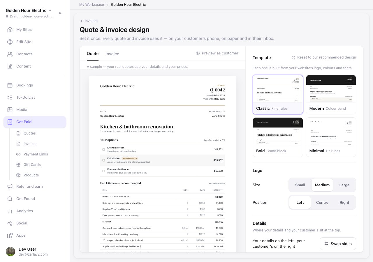 Quote & invoice design — the sample quote on the left, the controls on the right