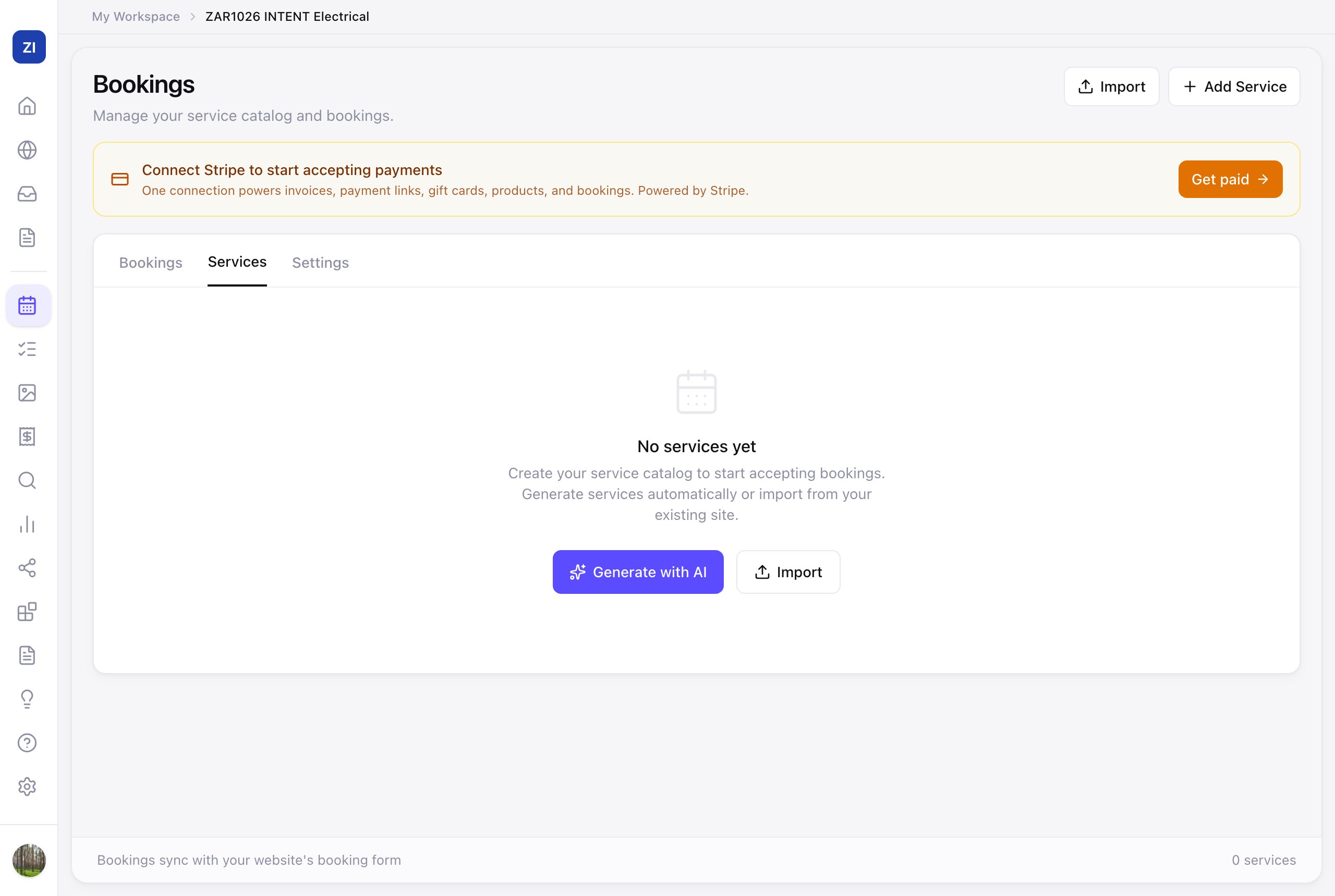 The Bookings tool, Services tab