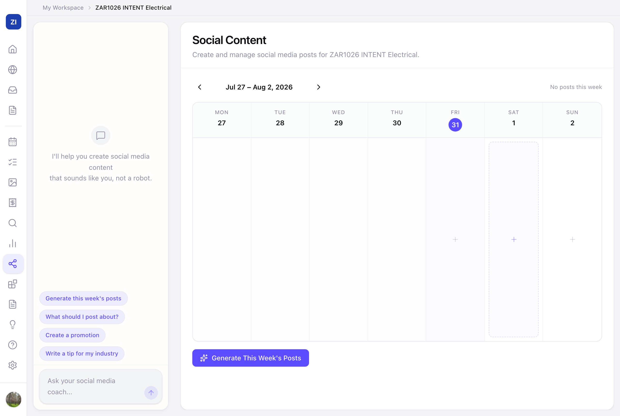 The Social tool — the weekly calendar with Generate This Week's Posts