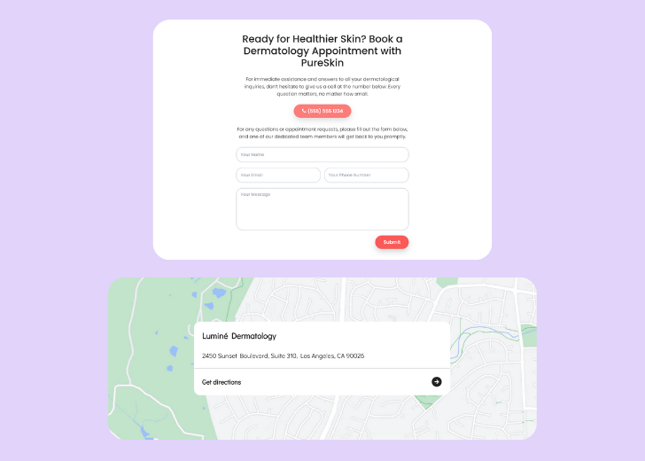 A screenshot of a header with navigation pills with contact number, a blue-colored primary button with contact number, and a 2D depiction of a map with a business address in the center