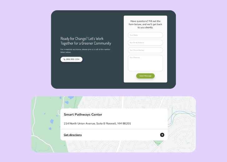 A screenshot of a header with navigation pills with contact number, a blue-colored primary button with contact number, and a 2D depiction of a map with a business address in the center