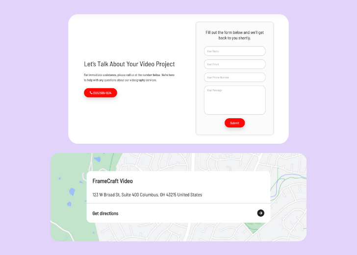 A screenshot of a header with navigation pills with contact number, a blue-colored primary button with contact number, and a 2D depiction of a map with a business address in the center