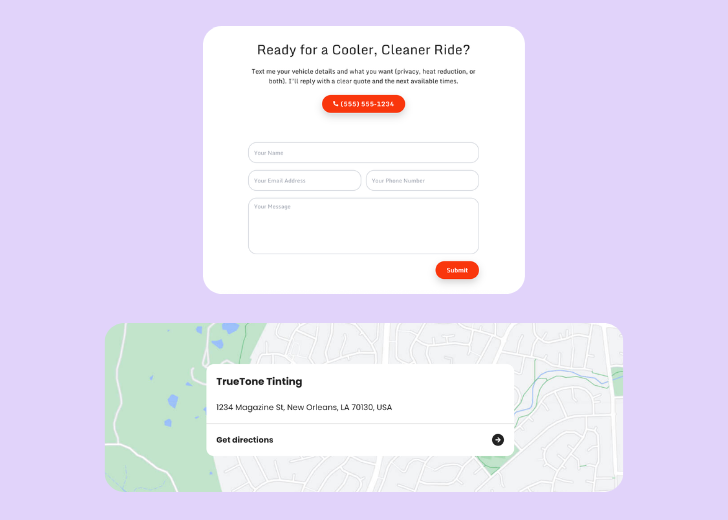 A screenshot of a header with navigation pills with contact number, a blue-colored primary button with contact number, and a 2D depiction of a map with a business address in the center