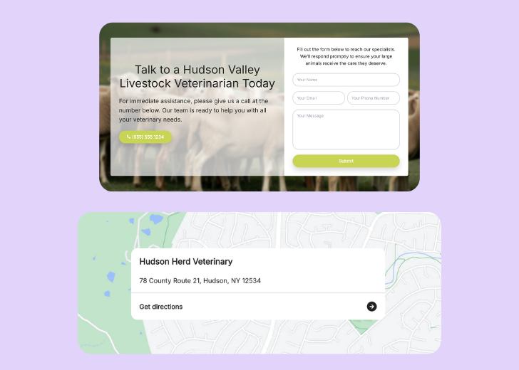 A screenshot of a header with navigation pills with contact number, a blue-colored primary button with contact number, and a 2D depiction of a map with a business address in the center