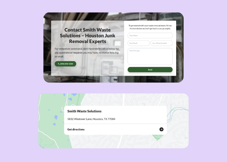 A screenshot of a header with navigation pills with contact number, a blue-colored primary button with contact number, and a 2D depiction of a map with a business address in the center