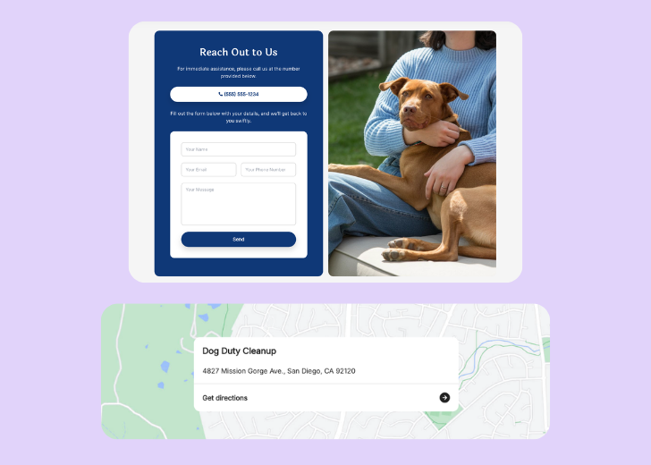 A screenshot of a header with navigation pills with contact number, a blue-colored primary button with contact number, and a 2D depiction of a map with a business address in the center