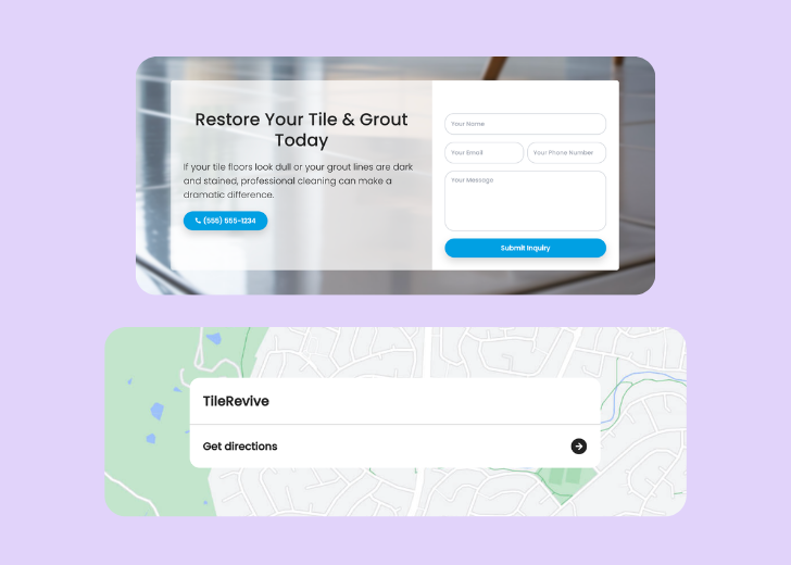 A screenshot of a header with navigation pills with contact number, a blue-colored primary button with contact number, and a 2D depiction of a map with a business address in the center