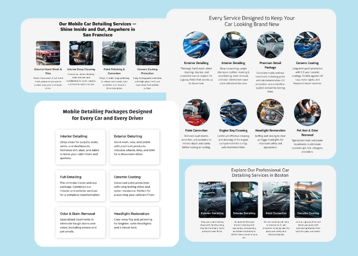 A collage of services section generated by Zarla showing different styles of service items, all having a picture, a title, and a brief description