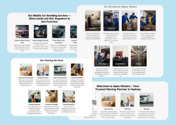 A collage of services section generated by Zarla showing different styles of service items, all having a picture, a title, and a brief description