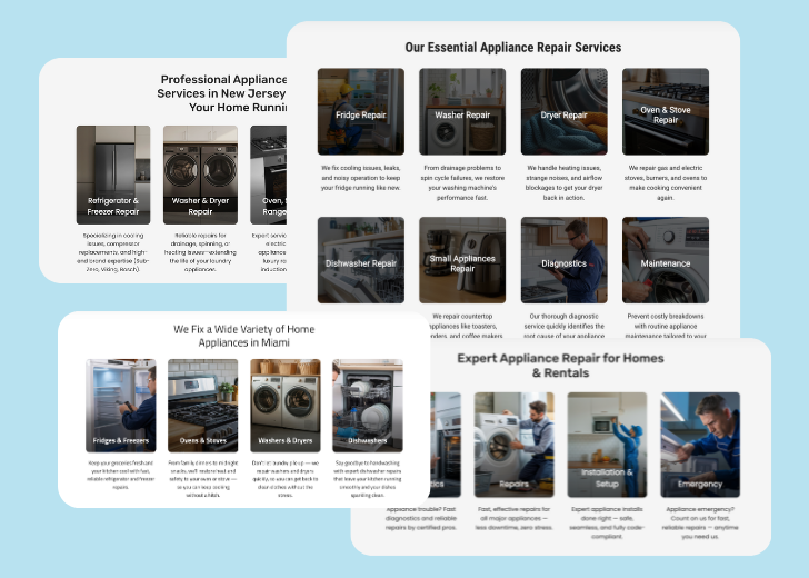 A collage of services section generated by Zarla showing different styles of service items, all having a picture, a title, and a brief description