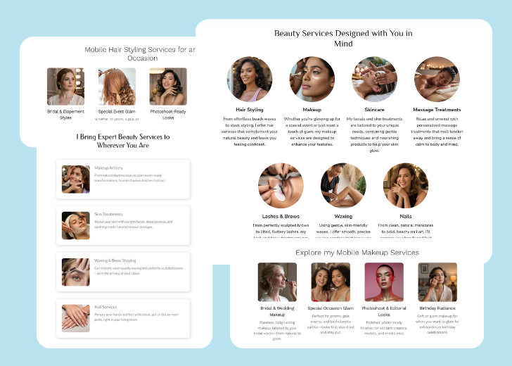 A collage of services section generated by Zarla showing different styles of service items, all having a picture, a title, and a brief description