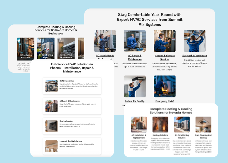 A collage of services section generated by Zarla showing different styles of service items, all having a picture, a title, and a brief description