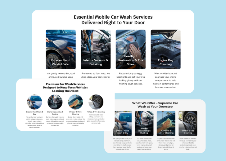 A collage of services section generated by Zarla showing different styles of service items, all having a picture, a title, and a brief description