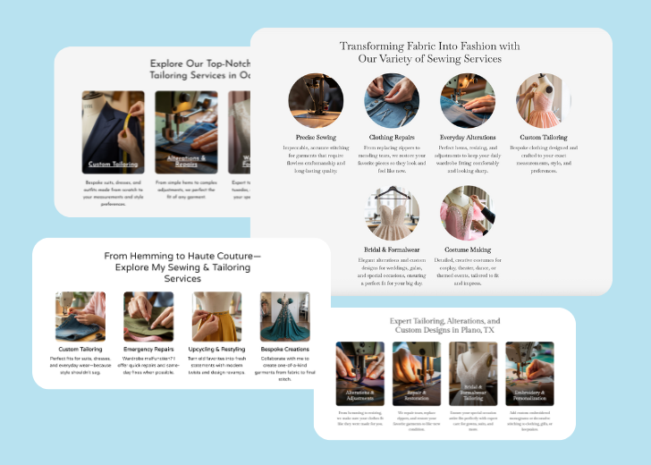 A collage of services section generated by Zarla showing different styles of service items, all having a picture, a title, and a brief description