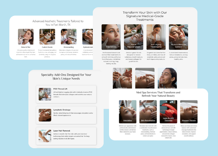 A collage of services section generated by Zarla showing different styles of service items, all having a picture, a title, and a brief description