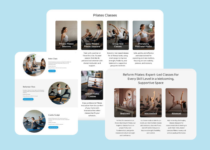 A collage of services section generated by Zarla showing different styles of service items, all having a picture, a title, and a brief description