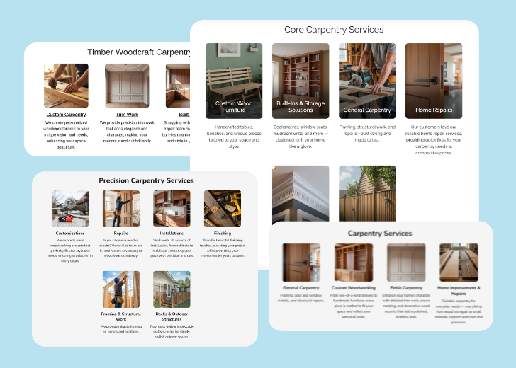 A collage of services section generated by Zarla showing different styles of service items, all having a picture, a title, and a brief description