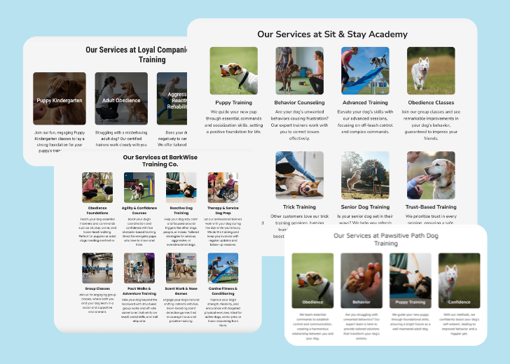 A collage of services section generated by Zarla showing different styles of service items, all having a picture, a title, and a brief description