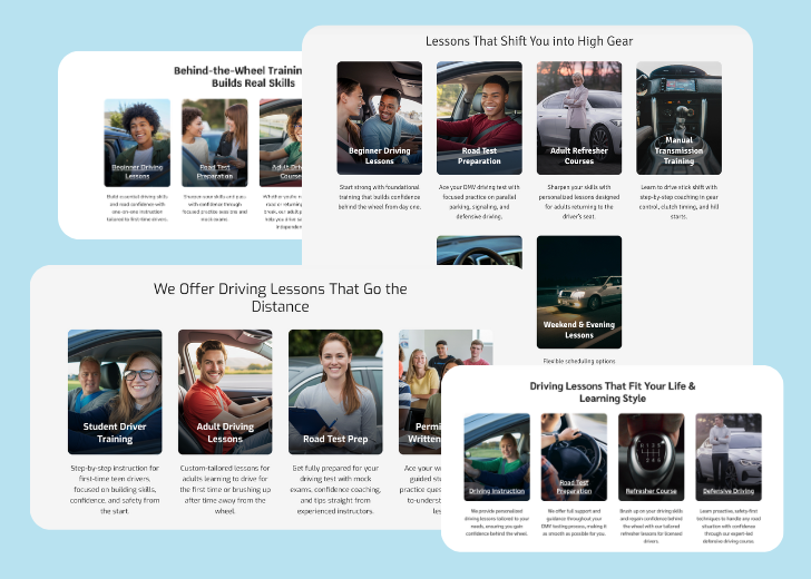 A collage of services section generated by Zarla showing different styles of service items, all having a picture, a title, and a brief description