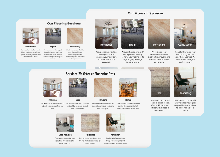 A collage of services section generated by Zarla showing different styles of service items, all having a picture, a title, and a brief description