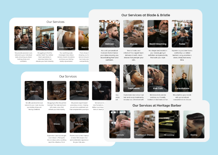 A collage of services section generated by Zarla showing different styles of service items, all having a picture, a title, and a brief description