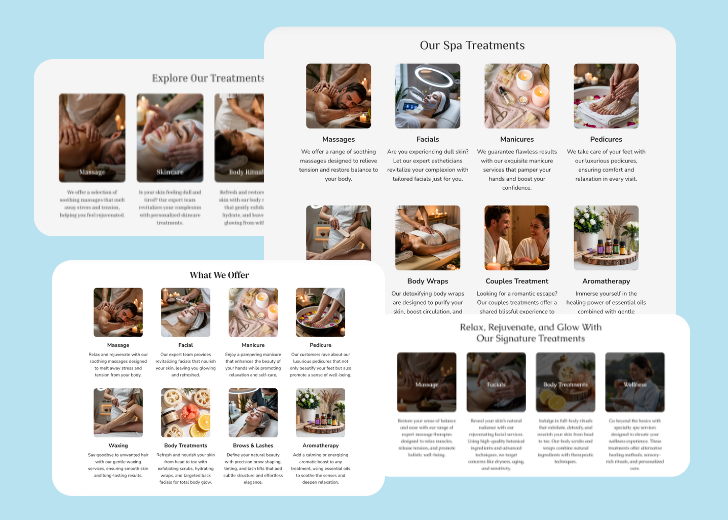 A collage of services section generated by Zarla showing different styles of service items, all having a picture, a title, and a brief description