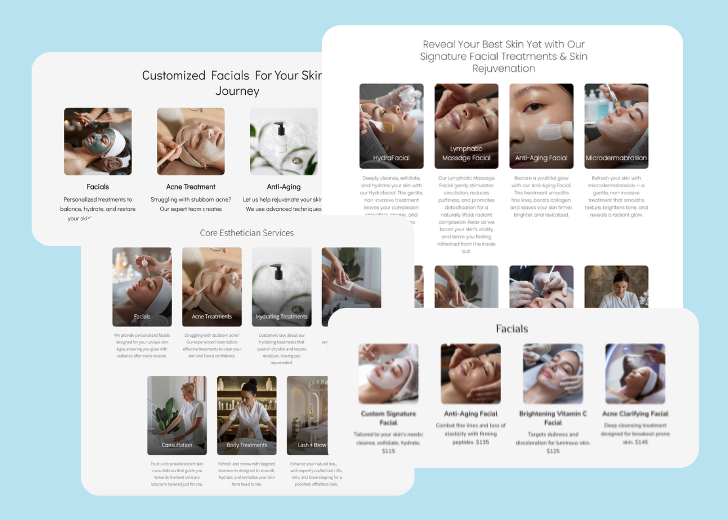 A collage of services section generated by Zarla showing different styles of service items, all having a picture, a title, and a brief description