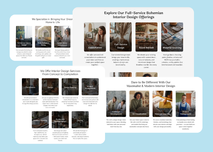 A collage of services section generated by Zarla showing different styles of service items, all having a picture, a title, and a brief description