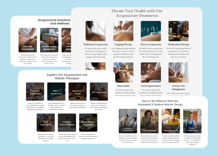 A collage of services section generated by Zarla showing different styles of service items, all having a picture, a title, and a brief description