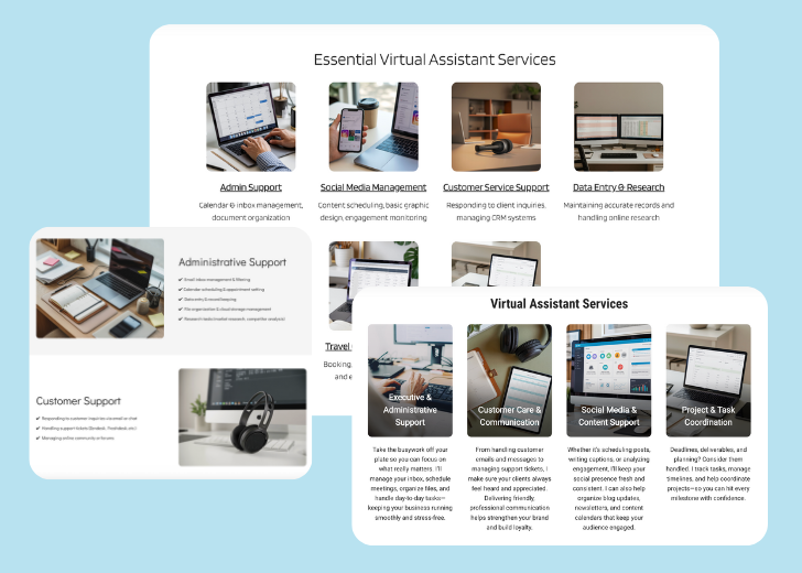 A collage of services section generated by Zarla showing different styles of service items, all having a picture, a title, and a brief description