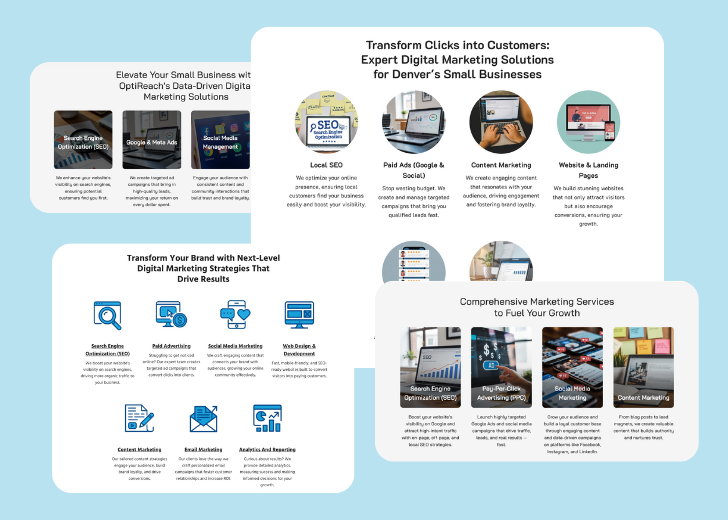 A collage of services section generated by Zarla showing different styles of service items, all having a picture, a title, and a brief description